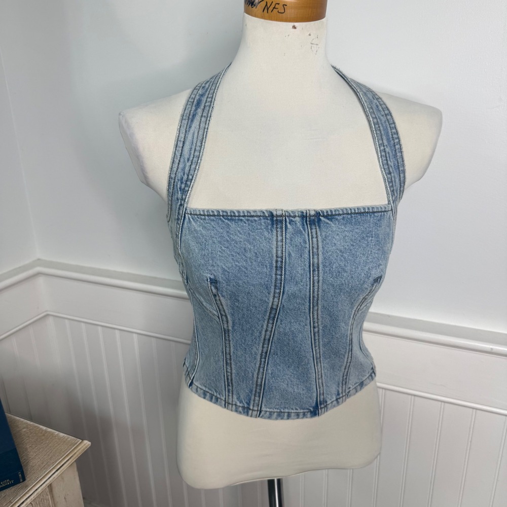 GRLFRND Denim Corset Halter Top Light Wash Blue Zip Back Women Size
Y2K